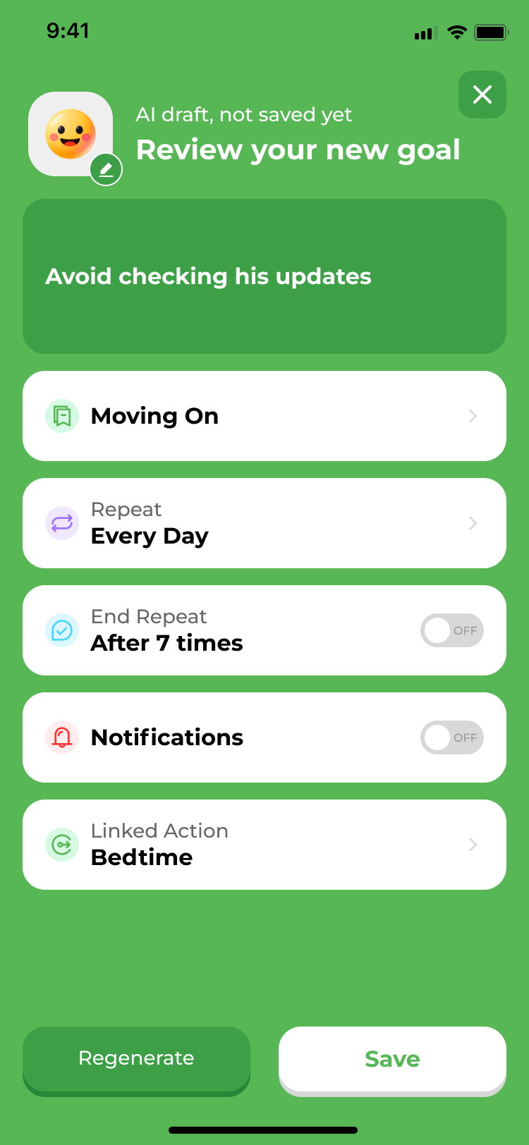Moomu screen for reviewing an AI-drafted Goal before saving